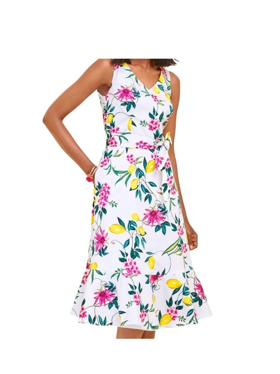 Talbots Dresses & Skirts - Talbots White Floral Lemon Print Belted Midi Dress